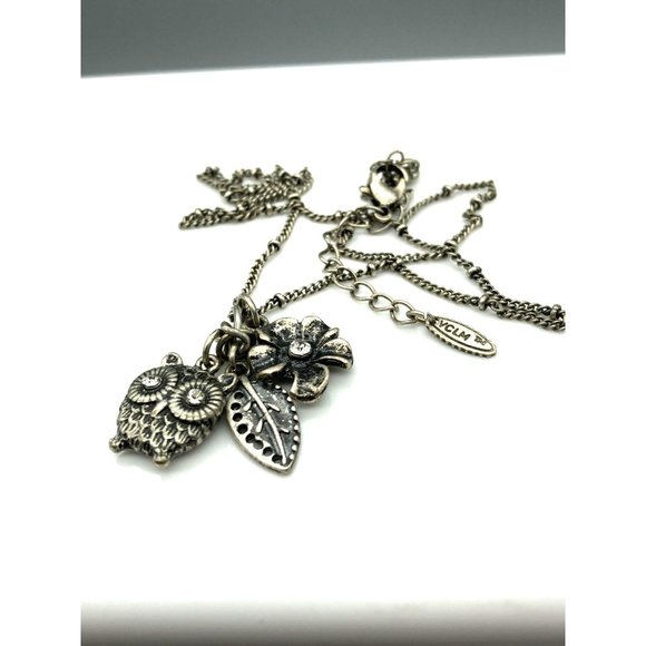 Vintage VCLM Silver Tone Chain Charms Necklace, Owl, Flower, Leaf - Picture 3 of 4